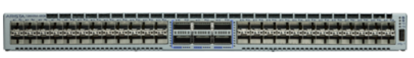 Gray metal arista dcs-7280sr2-48yc6-f network switch with 48 black 25g ports and blue indicator lights on front panel