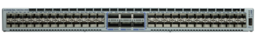 Gray metal arista dcs-7280sr2-48yc6-f network switch with 48 black 25g ports and blue indicator lights on front panel