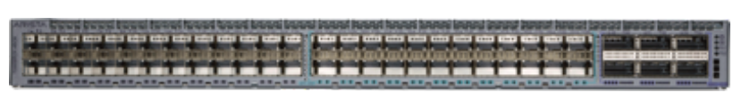 Gray cisco catalyst 9500 series switch with multiple ports and indicator lights shown on the back side of arista dcs-7280sr2k-48c6-m-f switch router