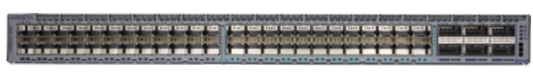 Gray cisco catalyst 9500 series switch with multiple ports and indicator lights shown on the back side of arista dcs-7280sr2k-48c6-m-f switch router