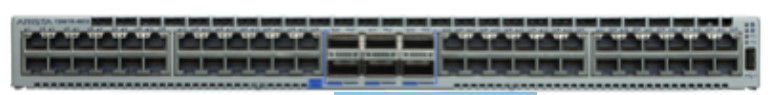 Gray metal arista dcs-7280tr-48c6-f network switch with 48 ports and blue indicator lights on the back side