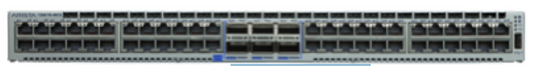 Gray metal arista dcs-7280tr-48c6-f network switch with 48 ports and blue indicator lights on the back side