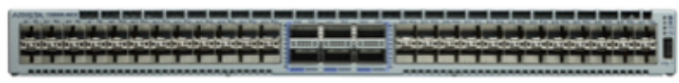 Gray metal arista dcs-7280sr-48c6-f network switch with 48 10g sfp and 6 100g qsfp ports and blue-lit panel