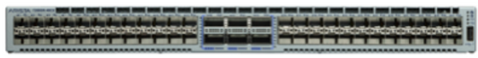 Gray metal arista dcs-7280sr-48c6-f network switch with 48 10g sfp and 6 100g qsfp ports and blue-lit panel
