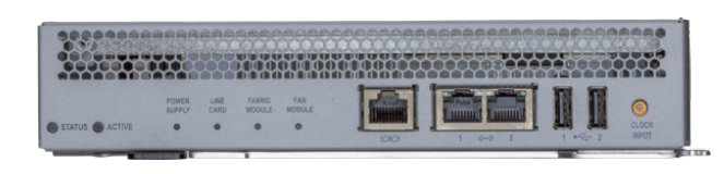 Gray metal arista dcs-7300-sup2-d supervisor-2 module back with multiple ethernet ports and usb connectors