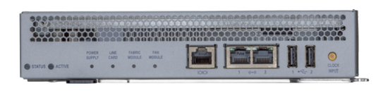 Gray metal arista dcs-7300-sup2-d supervisor-2 module back with multiple ethernet ports and usb connectors