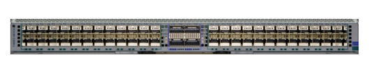 Gray metal arista dcs-7300x3-48yc4-lc server rack with multiple ports and ventilation slots back side view