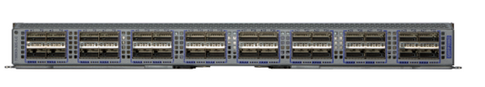 Gray metal server rack housing arista dcs-7300x3-32c-lc 32-port 100gbe qsfp line card module slots