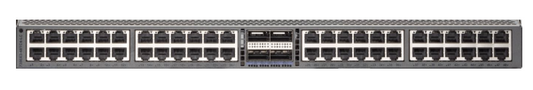 Gray metal cisco network switch with multiple ports and central panel in arista 7300x3 48-port 10gbase-t line card