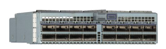 Gray metal arista dcs-7358-16c server rack with multiple slots for 100g network cards shown from the back side