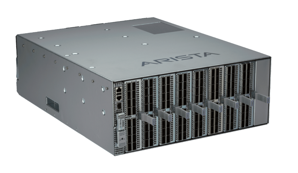 Gray metallic arista dcs-7358x4-sc-f modular network switch card with multiple vertical ports and 12.8 tbps capacity