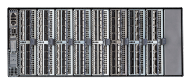 A sleek silver arista dcs-7368x4-sc-f switch card with multiple vertical slots for network switches in a server rack