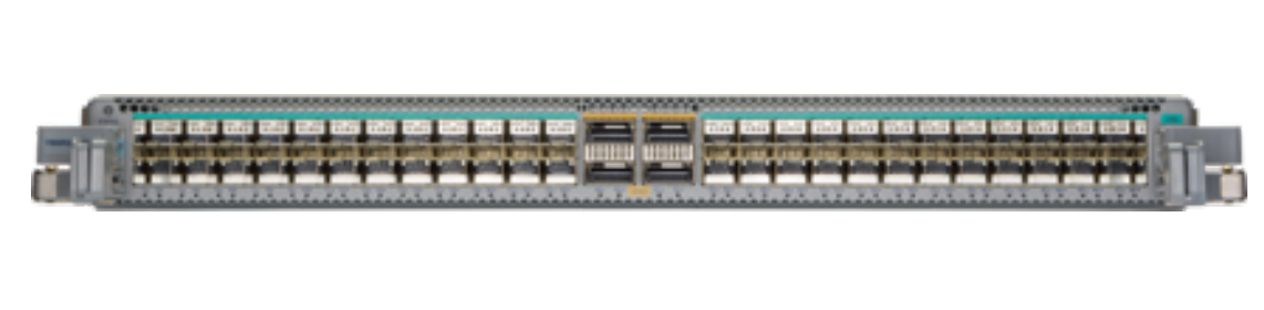 Gray cisco catalyst 9500 series switch with multiple ports and a green label on top edge shown from the back side