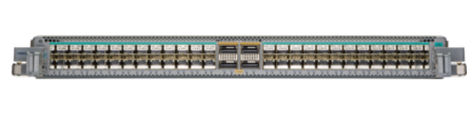 Gray cisco catalyst 9500 series switch with multiple ports and a green label on top edge shown from the back side