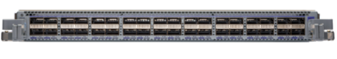 Gray metal arista dcs-7500r3-36cq-lc server rack back with 36 black and silver 100g ports in rows line card module