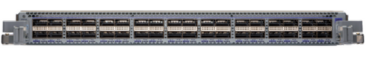 Gray metal arista dcs-7500r3-36cq-lc server rack back with 36 black and silver 100g ports in rows line card module