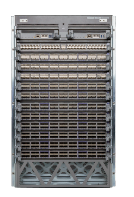 Gray metal arista dcs-7512r3-fm 7500r3 fabric module with horizontal network interface card slots in 7512 chassis back side