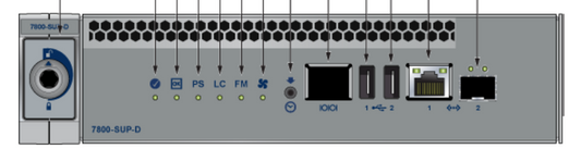 Gray arista dcs-7800-sup 7800r3 supervisor module back side with circular power button ethernet usb ports and status lights