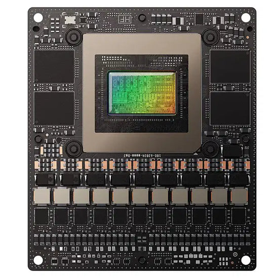 Black circuit board of nvidia igx t5000 ai module with central green to yellow gradient sensor and metallic black components