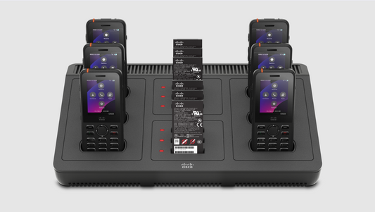 Black cisco wireless phone multi charger wp-9821-mchgr with six bays charging phones and batteries in slots