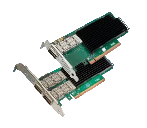 Green circuit board with black heat sinks and silver connectors in cisco ucsxe-pi835d100gf intel e835 2-port 100g nic