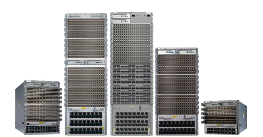 Silver-colored arista dcs-7804-ch rack-mounted network switches with 4 line card slots and ventilation slots