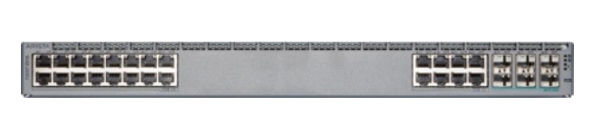 Gray metal arista ccs-720xp-24y6-2f 24-port gigabit poe+ network switch with ethernet ports and indicator lights back view