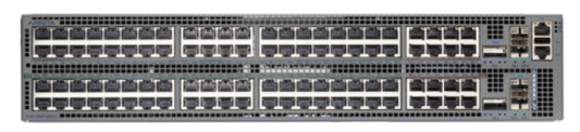 Gray metal arista ccs-720xp-96zc2-2f server rack back with 96 ethernet ports and ventilation grilles for multi-gigabit poe switch