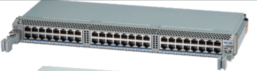 Gray metal arista ccs-750x-48thp-lc network switch with 48 gigabit poe+ ethernet ports arranged in three rows