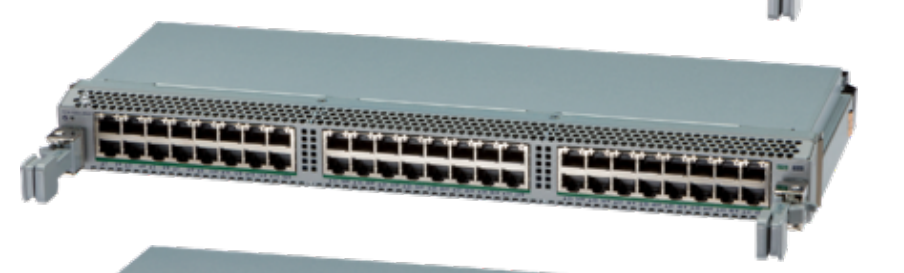 Gray metal arista ccs-750x-48zp-lc multi-gig poe+ switch module with 48 ports and ventilation grilles on back side
