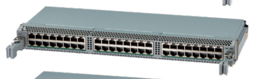 Gray metal arista ccs-750x-48zp-lc multi-gig poe+ switch module with 48 ports and ventilation grilles on back side