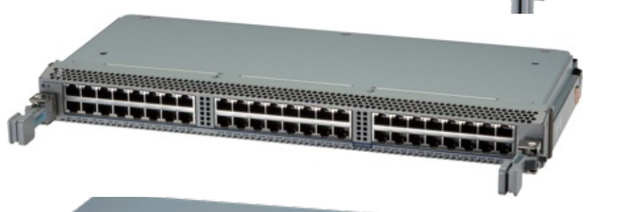 Gray metal arista ccs-750x-48sx-lc server rack showing back side with 48 10g sfp+ ethernet ports in three rows