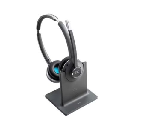 Black cisco cp-hs-wl-562-s-eu over-ear wireless headset with blue accents on matching charging stand with noise-canceling mic