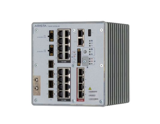 Silver arista ccs-710hxp-20tnh-4s 16-port gigabit poe+ industrial switch with ribbed side panel and multiple ethernet ports
