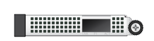 Silver-colored Arista NIM-1QC AWE-7200R 100G QSFP28 module with black screen and gear knob showing back side ports