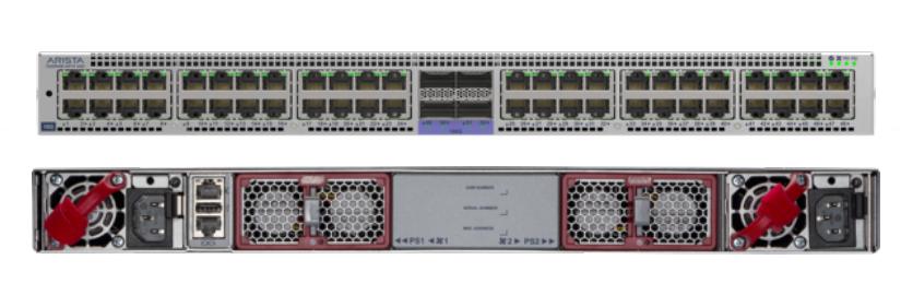 A sleek silver arista dcs-7020r4-48tx-4qc-r network switch with 48 10g rj45 ports and rear ventilation grilles