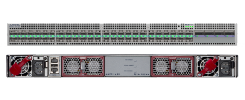 Silver-colored arista dcs-7020r4-48y-4qc-r server rack back with 48 ports and ventilation grilles for high-speed networking