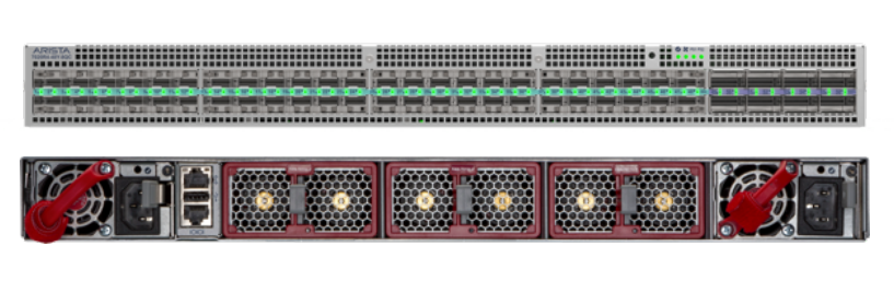 Silver-colored arista dcs-7020r4-48y-8qc-f server rack with green led indicators and red fan covers on the back side