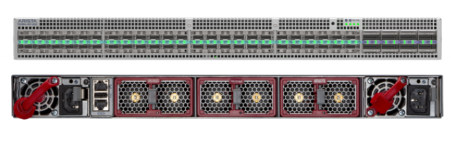 Arista dcs-7020r4m-48y-8qc-r silver and black 48-port 25g switch with 8x 100g qsfp+ macsec and red-handled fans