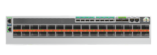 Gray metal arista dcs-7280r4-32pe-f server switch with 32 ports and ventilation grilles shown from the back side
