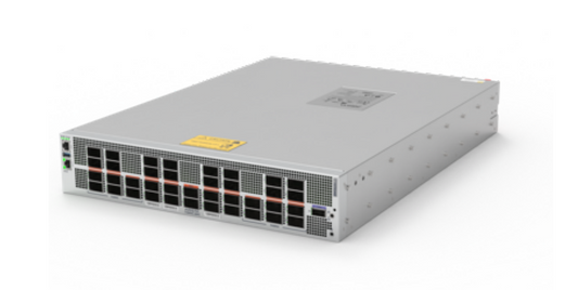 Silver arista dcs-dl-7700r4c-38pe-b-f distributed leaf switch with 38 ports and orange indicator lights on front panel
