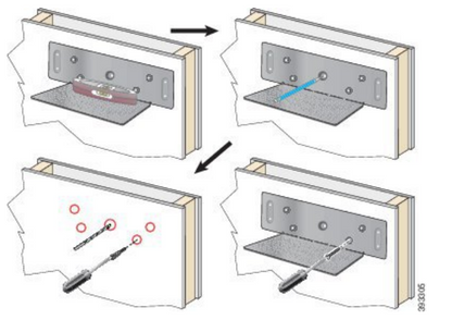 Metal wall-mounted shelf bracket with red plastic insert and silver screws for Cisco 8821 multi-charger vertical mounting