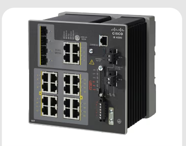Cisco IE-4000-8GT8GP4G-E industrial network switch with dark gray metallic chassis featuring 8x1G RJ45 and PoE+ ports