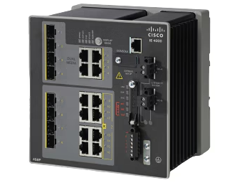 Cisco IE-4000-4GS8GP4G-E network switch with gray black chassis multiple ethernet ports fiber optic connectors and indicator lights