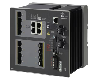 Black cisco ie-4000-8s4g-e industrial network switch with 8x100m sfp and 4x1g combo uplinks shown from front