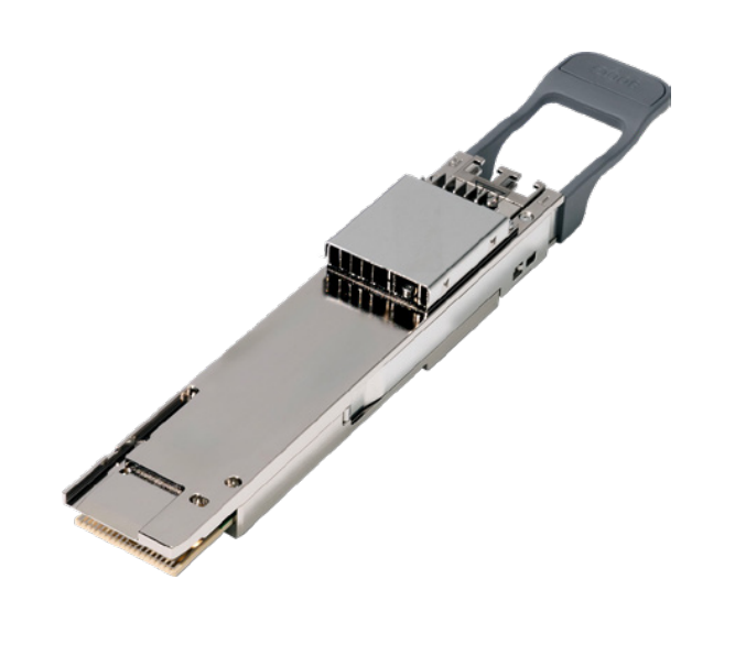 Silver-colored Cisco DP08QSDD-ZRB-A2 800G ZR+ QSFP-DD coherent transceiver with black latch and metallic connectors