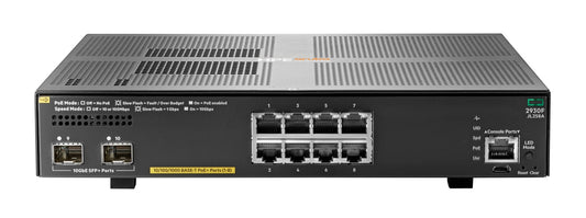 Aruba JL258A | 8x 1GbE PoE+ (802.3at Class 4), PoE budget 124W | 2x 10GbE SFP+ uplinks | L3 static/RIP, no subscription