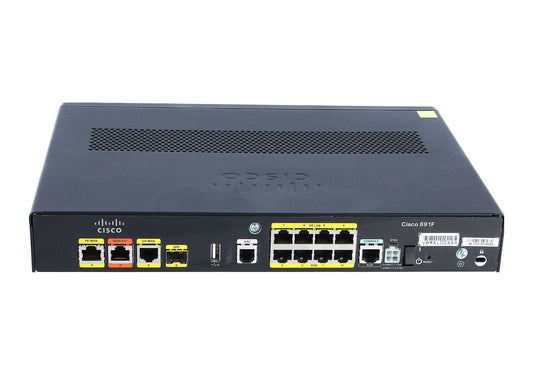 Cisco C891F-K9 ISR router with 8 GE LAN ports, SFP WAN, sleek black design