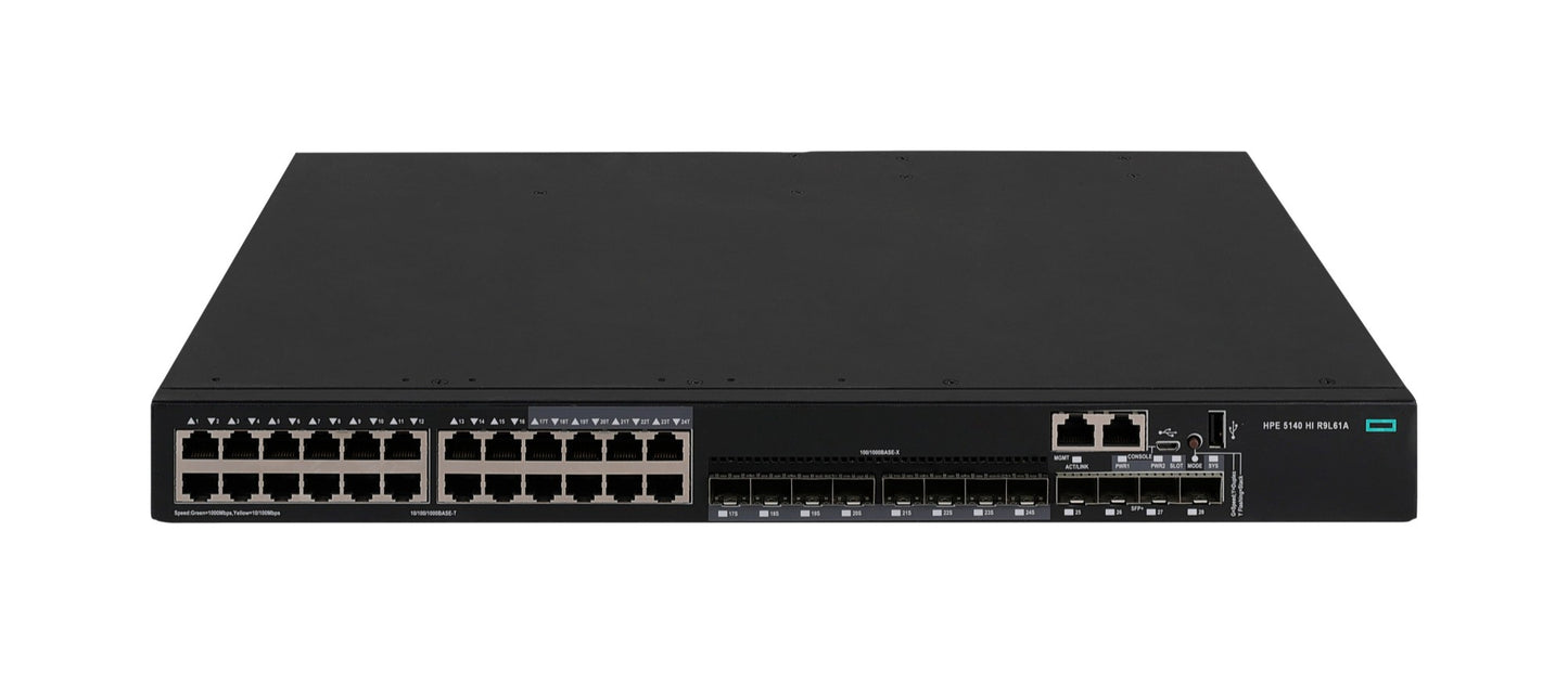 HPE R9L61A black Cisco switch with 24x 1GbE ports and 4x 10Gb SFP+ uplinks