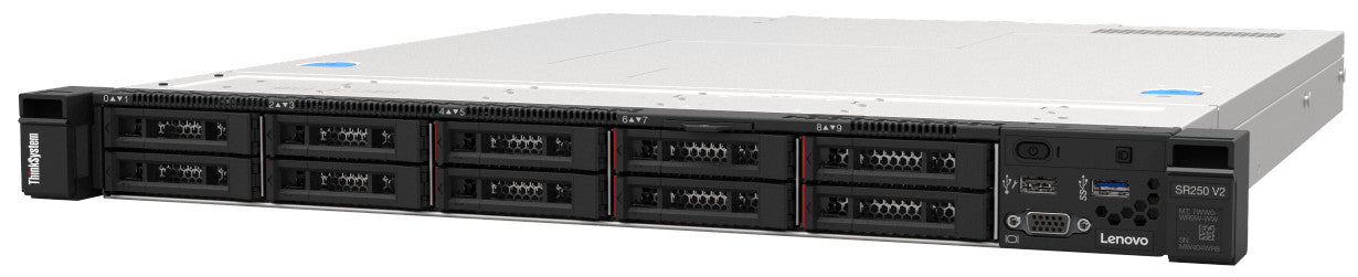 Lenovo SR250-V2 | 1U 1-socket Xeon E-2300 | up to 10x 2.5"/4x 3.5" bays | DDR4 ECC UDIMM up to 128GB | PCIe Gen4 expansion | dual 1GbE (FlexibleLOM for 10GbE) | hot-swap redundant PSUs | XClarity management